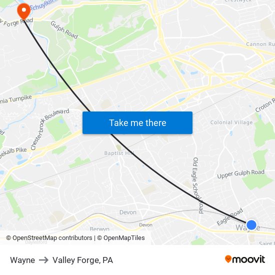 Wayne to Valley Forge, PA map