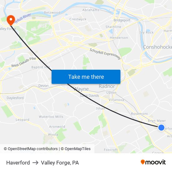 Haverford to Valley Forge, PA map