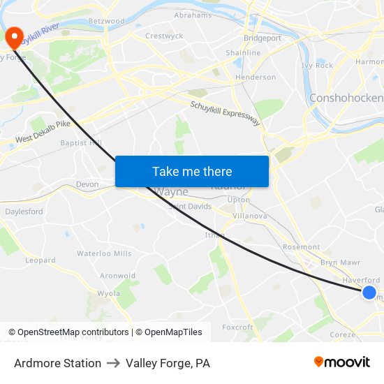 Ardmore Station to Valley Forge, PA map