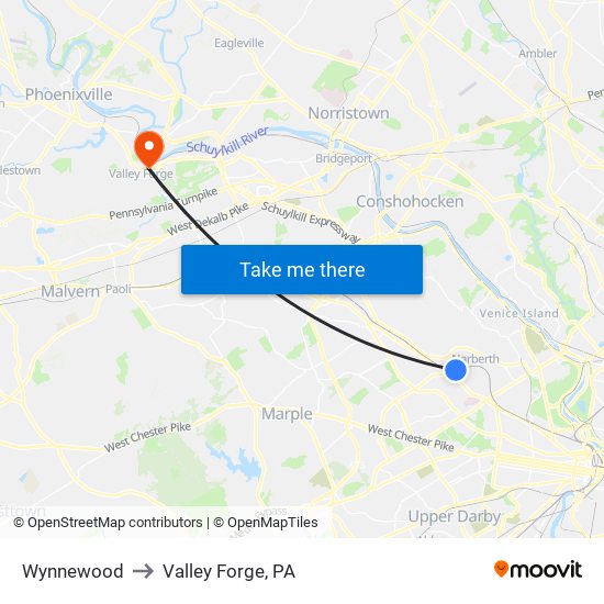 Wynnewood to Valley Forge, PA map