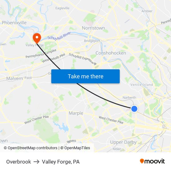 Overbrook to Valley Forge, PA map