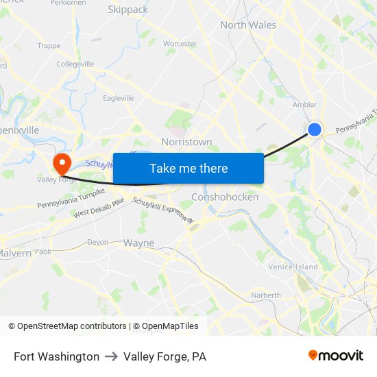 Fort Washington to Valley Forge, PA map