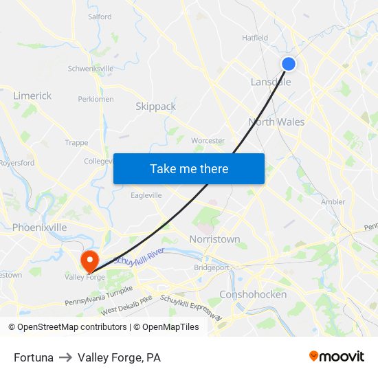 Fortuna to Valley Forge, PA map