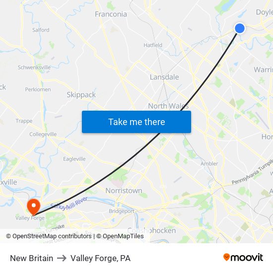 New Britain to Valley Forge, PA map