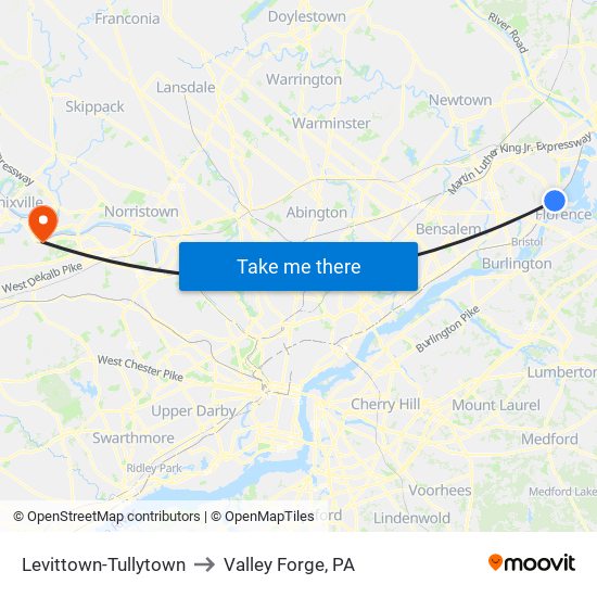 Levittown-Tullytown to Valley Forge, PA map