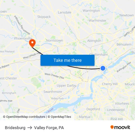 Bridesburg to Valley Forge, PA map