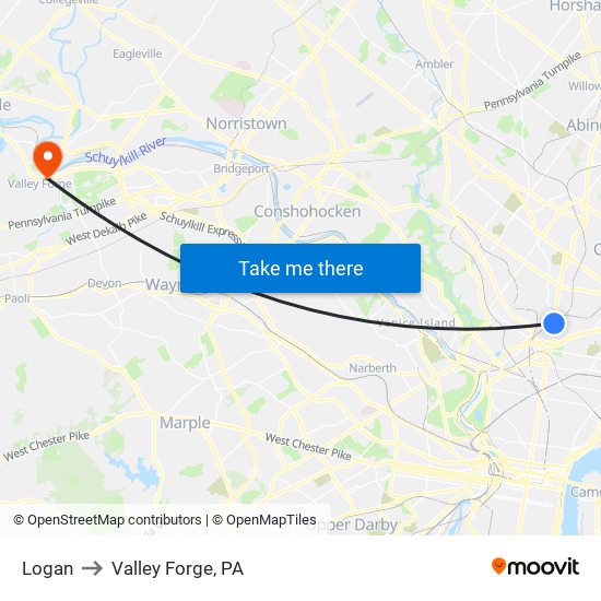 Logan to Valley Forge, PA map