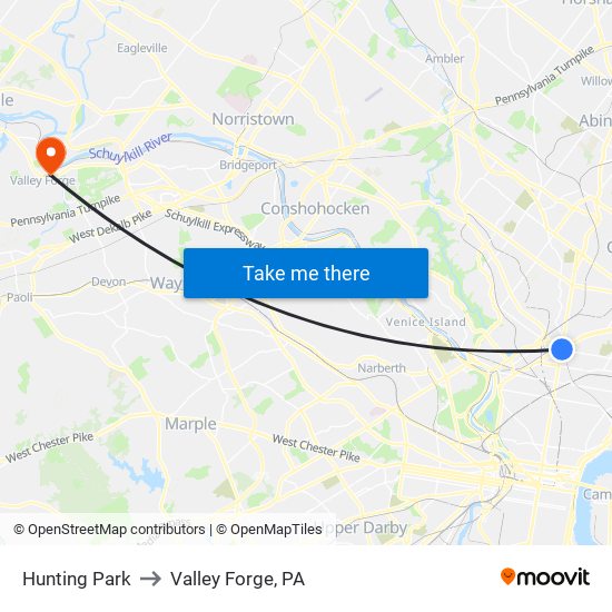 Hunting Park to Valley Forge, PA map