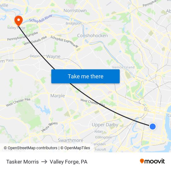 Tasker Morris to Valley Forge, PA map