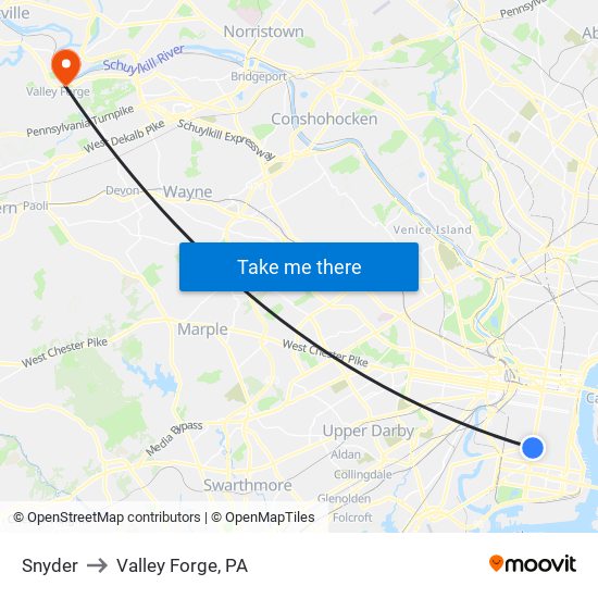 Snyder to Valley Forge, PA map