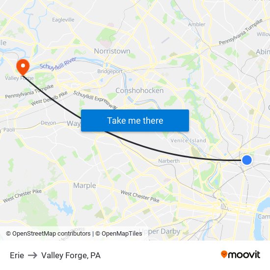 Erie to Valley Forge, PA map