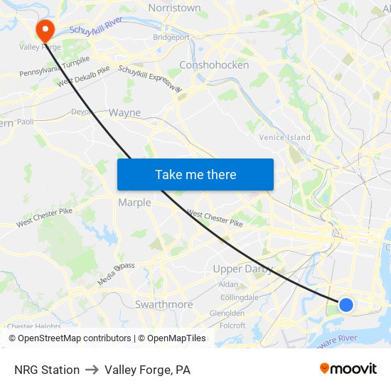 NRG Station to Valley Forge, PA map