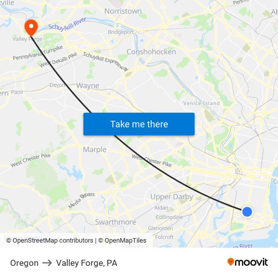Oregon to Valley Forge, PA map