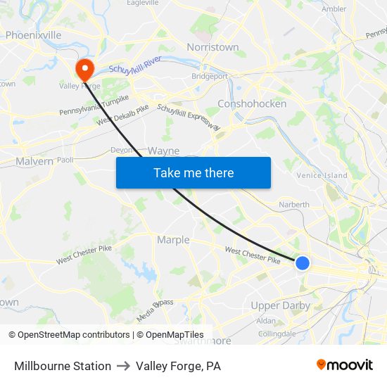 Millbourne Station to Valley Forge, PA map