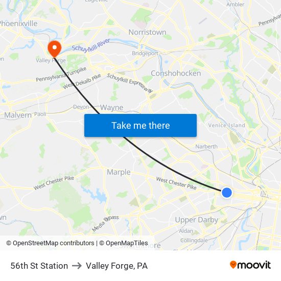56th St Station to Valley Forge, PA map