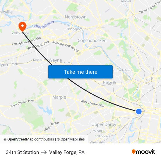 34th St Station to Valley Forge, PA map