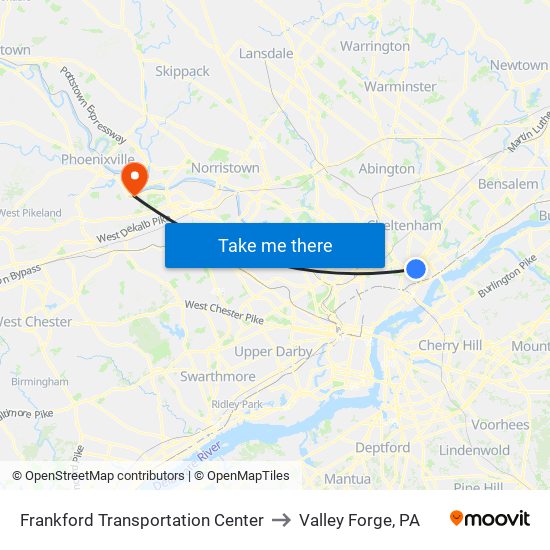 Frankford Transportation Center to Valley Forge, PA map