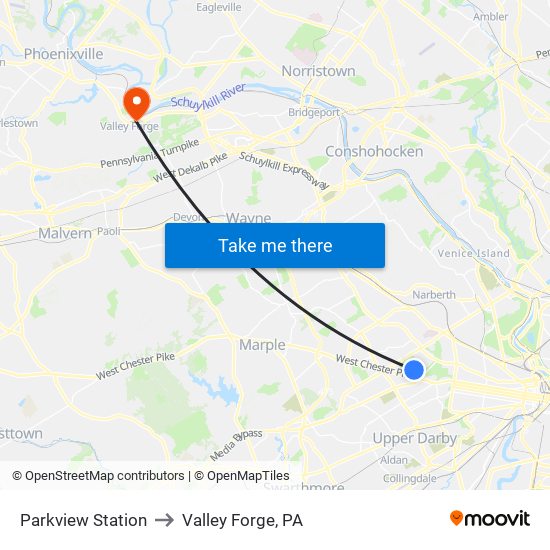 Parkview Station to Valley Forge, PA map