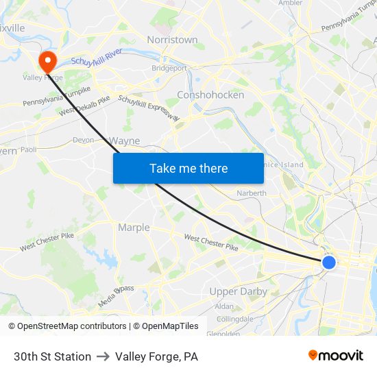 30th St Station to Valley Forge, PA map