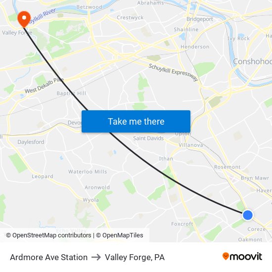 Ardmore Ave Station to Valley Forge, PA map