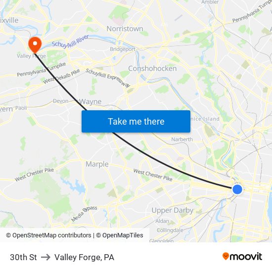 30th St to Valley Forge, PA map