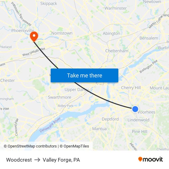 Woodcrest to Valley Forge, PA map