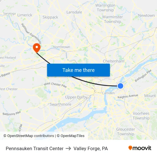 Pennsauken Transit Center to Valley Forge, PA map