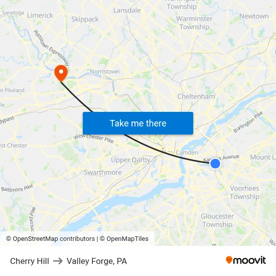 Cherry Hill to Valley Forge, PA map
