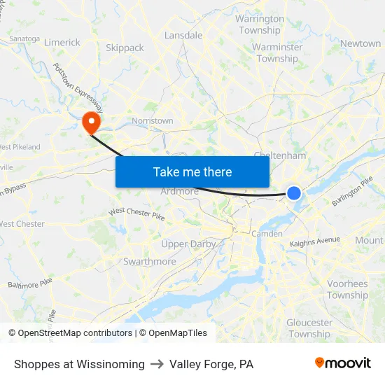 Shoppes at Wissinoming to Valley Forge, PA map