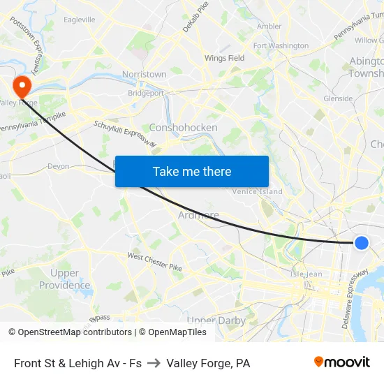 Front St & Lehigh Av - Fs to Valley Forge, PA map