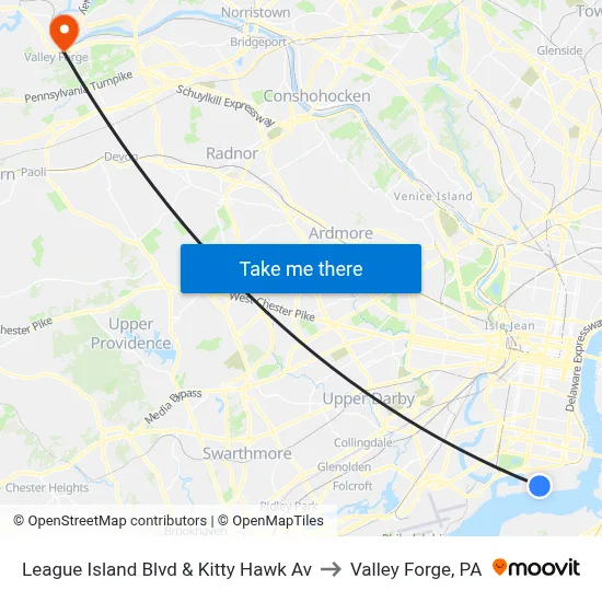 League Island Blvd & Kitty Hawk Av to Valley Forge, PA map