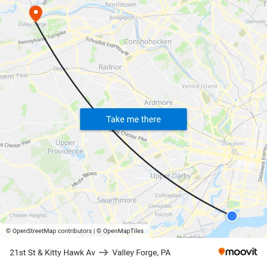 21st St & Kitty Hawk Av to Valley Forge, PA map