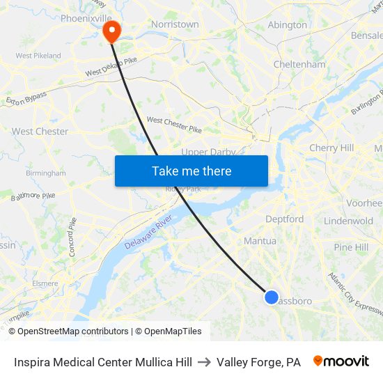 Inspira Medical Center Mullica Hill to Valley Forge, PA map