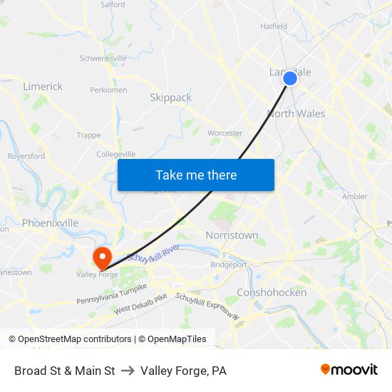 Broad St & Main St to Valley Forge, PA map