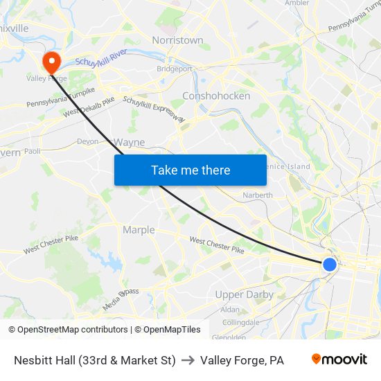 Nesbitt Hall (33rd & Market St) to Valley Forge, PA map