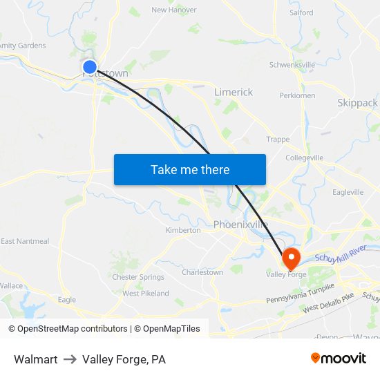 Walmart to Valley Forge, PA map