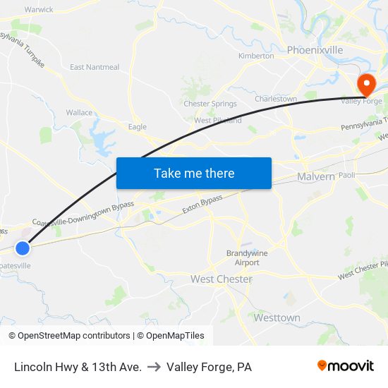 Lincoln Hwy & 13th Ave. to Valley Forge, PA map