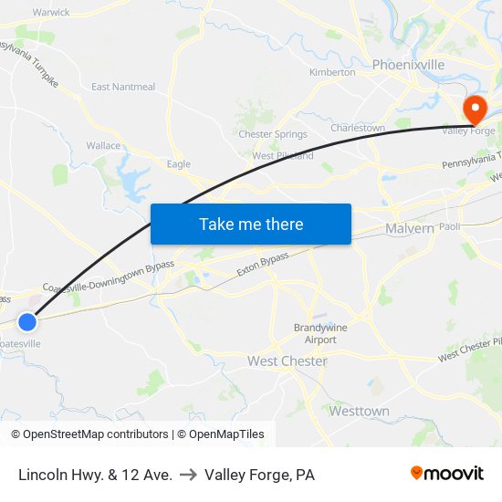 Lincoln Hwy. & 12 Ave. to Valley Forge, PA map