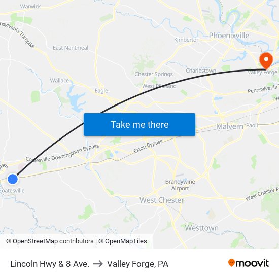 Lincoln Hwy & 8 Ave. to Valley Forge, PA map