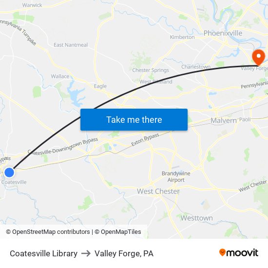 Coatesville Library to Valley Forge, PA map