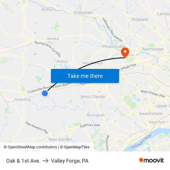 Oak & 1st Ave. to Valley Forge, PA map