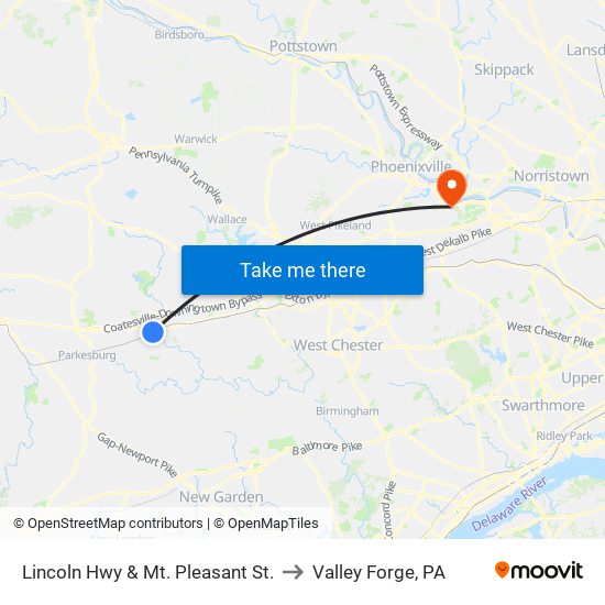 Lincoln Hwy & Mt. Pleasant St. to Valley Forge, PA map