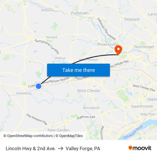 Lincoln Hwy & 2nd Ave. to Valley Forge, PA map