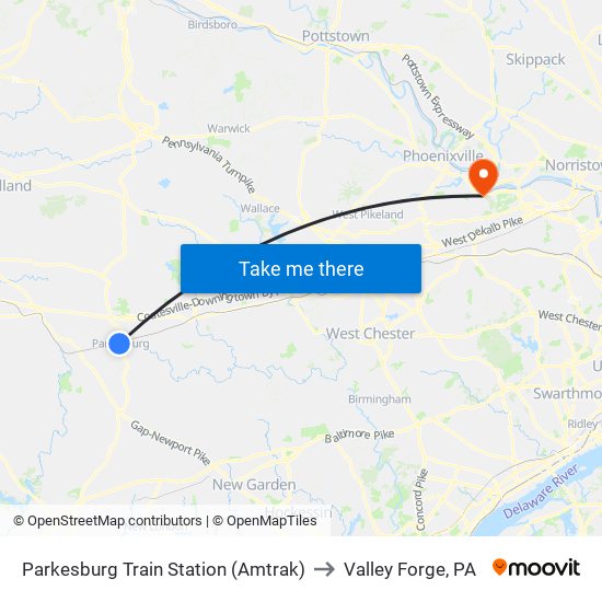 Parkesburg Train Station (Amtrak) to Valley Forge, PA map