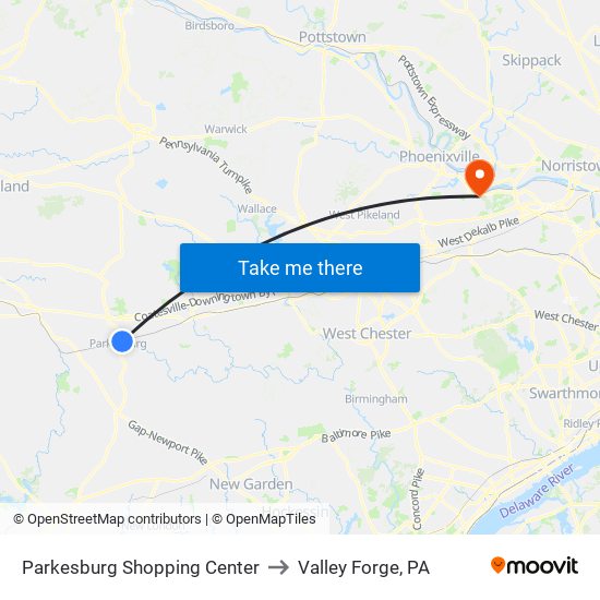 Parkesburg Shopping Center to Valley Forge, PA map