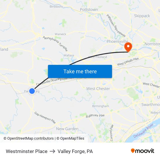 Westminster Place to Valley Forge, PA map