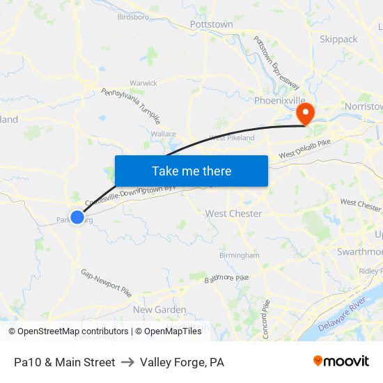 Pa10 & Main Street to Valley Forge, PA map