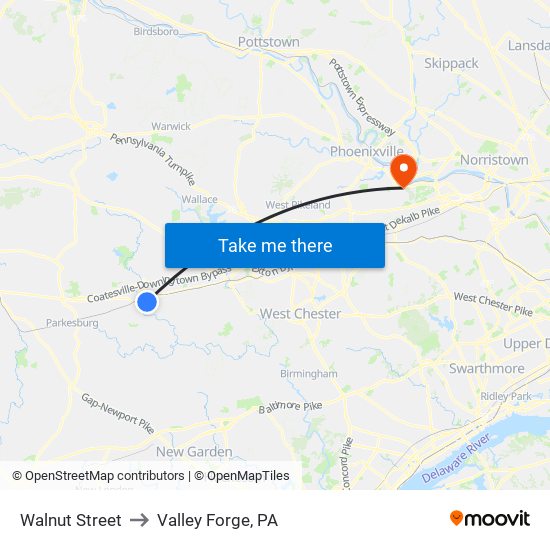 Walnut Street to Valley Forge, PA map