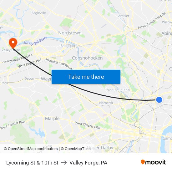 Lycoming St & 10th St to Valley Forge, PA map
