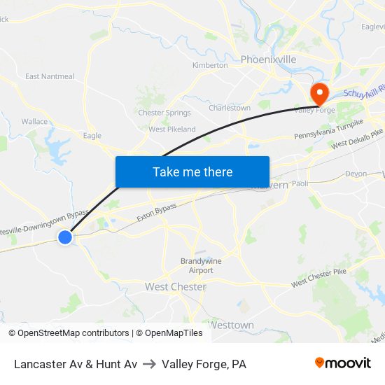 Lancaster Av & Hunt Av to Valley Forge, PA map